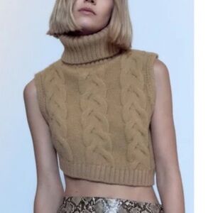 Zara Camel Cableknit Turtleneck Cropped Sweater